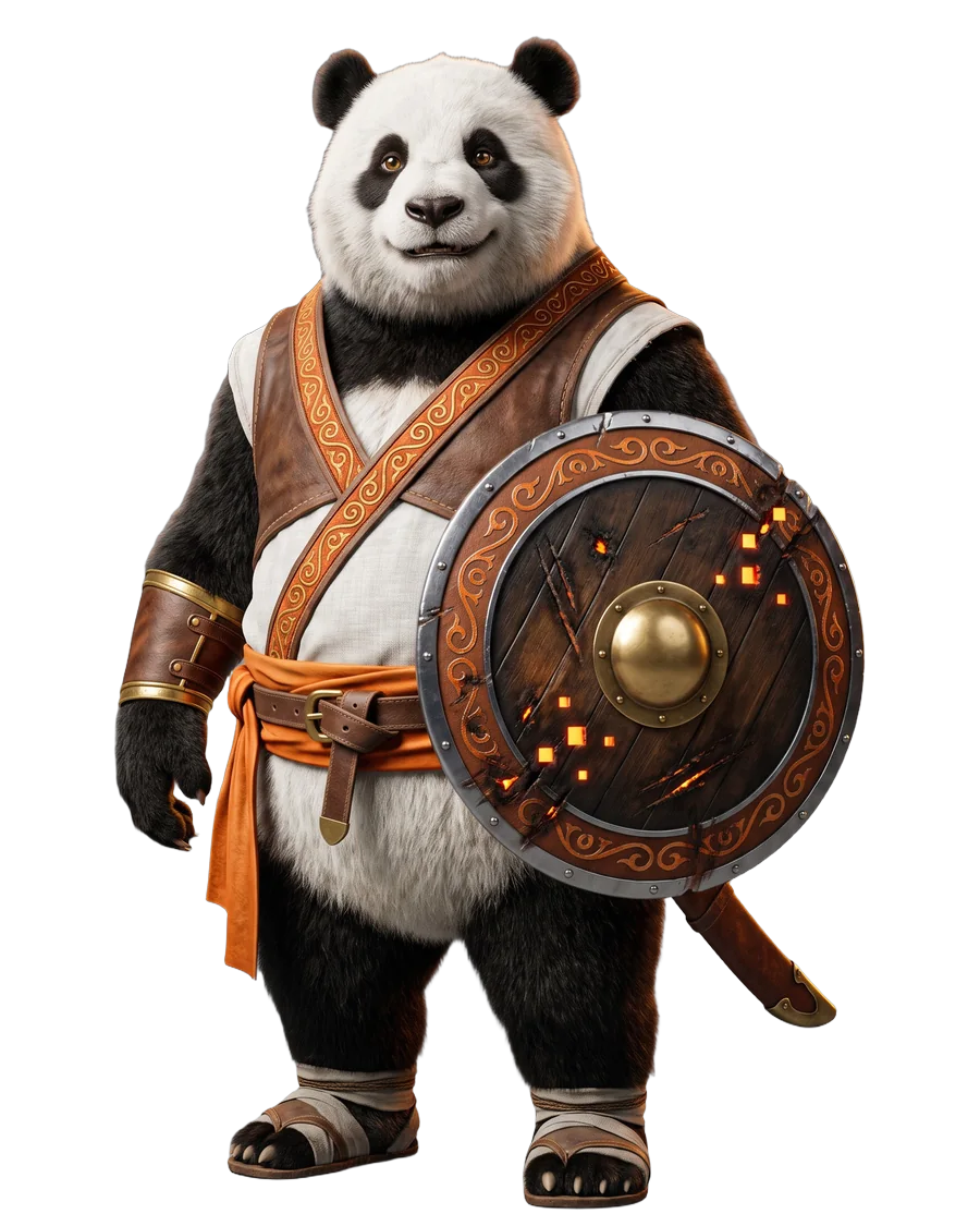 Bo, the aSunder Limit panda mascot, standing watch in leather armour and an orange sash with a battle-scarred round shield on his arm