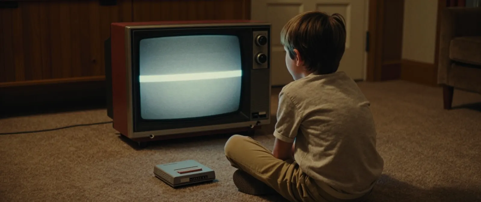 A boy sits cross-legged on the carpet in front of a boxy 1980s television, a game console on the floor beside him