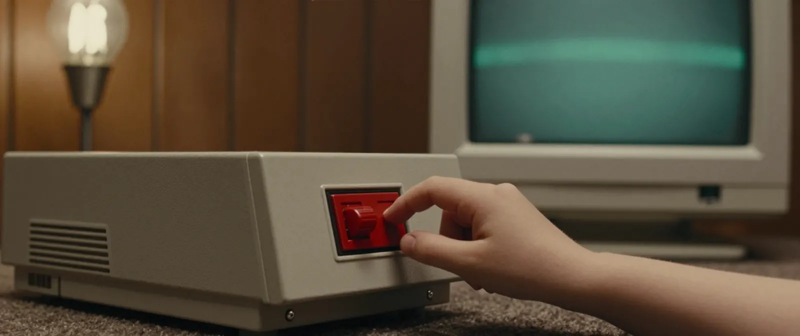 A child's hand presses the red power switch on a beige desktop computer while the monitor behind shows only a faint green band