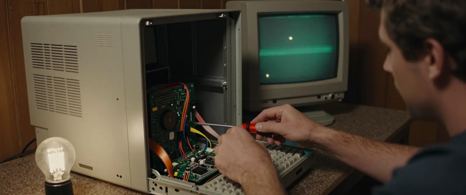 A man works a screwdriver inside the opened side of a beige computer, exposing the boards and ribbon cables, a green monitor glowing beside him