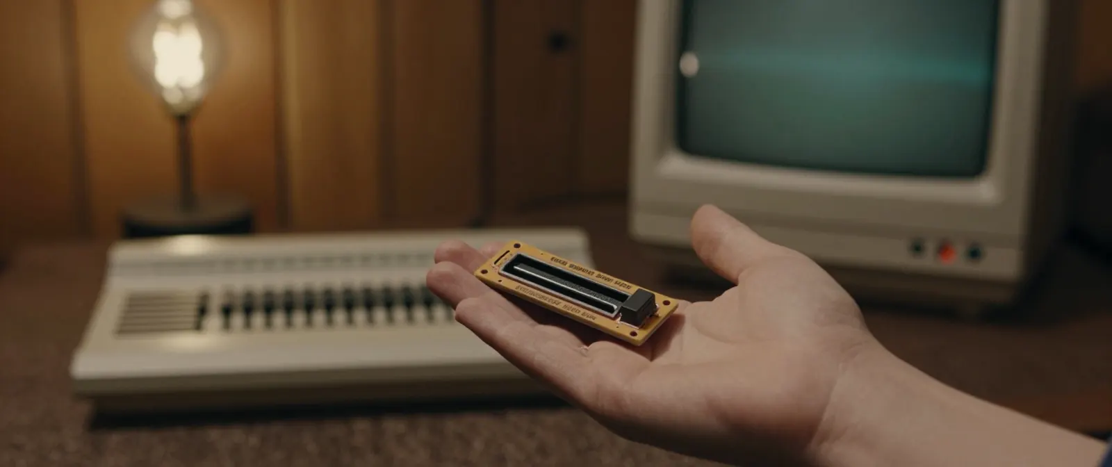 An open hand holds a small gold turbo accelerator board with a row of pins and a switch, the computer and monitor blurred behind