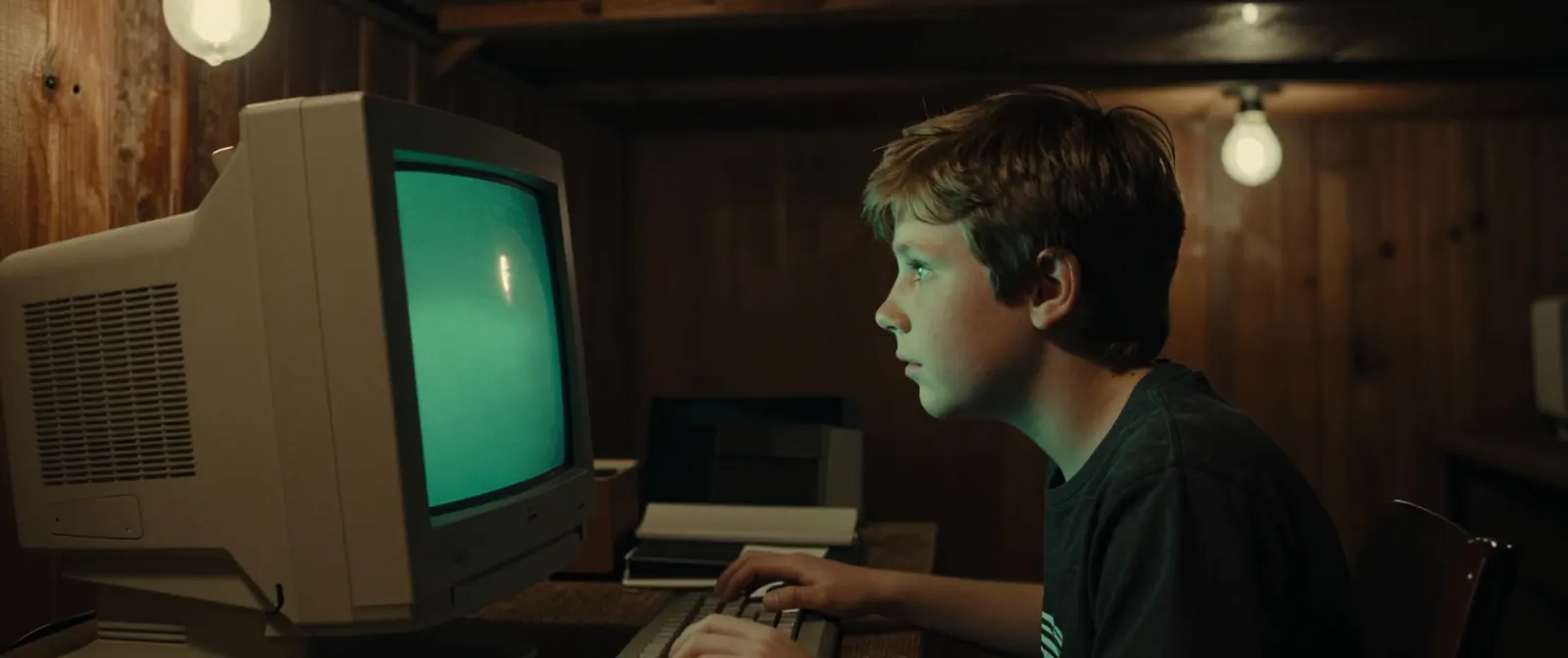 A boy at a keyboard watches a green monitor come alive in a wood-panelled basement, his face lit by the screen