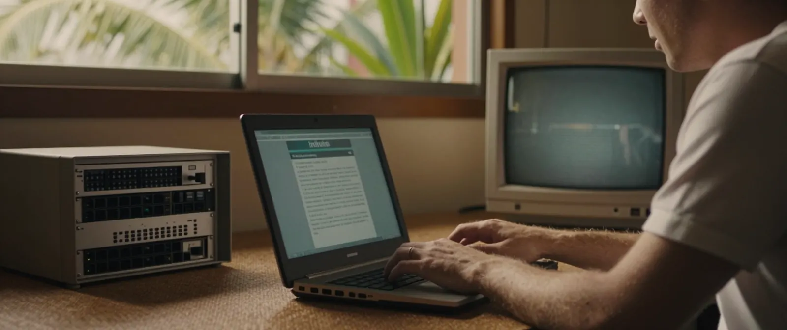 A man types on a laptop at a sunlit desk, a stack of network switches on one side and the same vintage monitor on the other, palms visible through the window