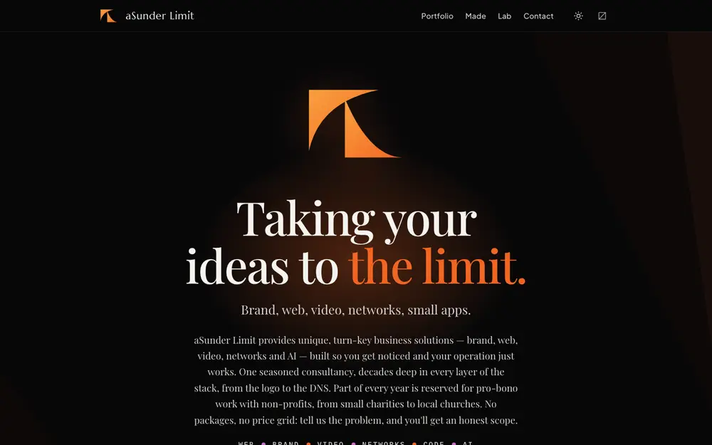 The aSunder Limit home page in the dark theme