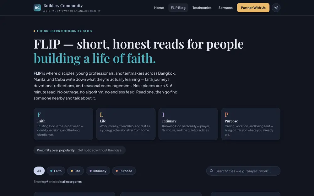 The FLIP journal index with category filters