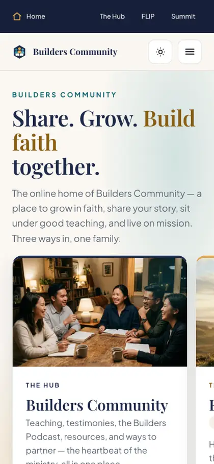 The Builders Community home page on a 390-pixel phone