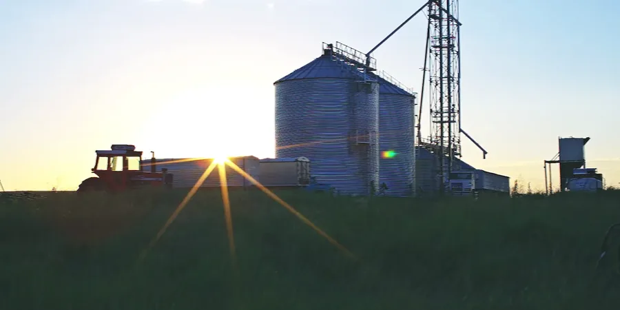 A grain silo and tractor silhouetted against a low sun, shot through long grass