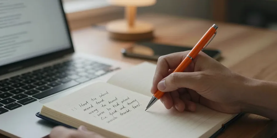 A hand taking notes beside a laptop running a local AI model