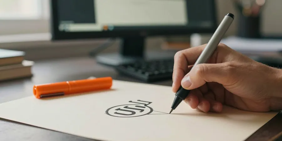 A hand drawing a logo mark on paper beside a colour-graded monitor